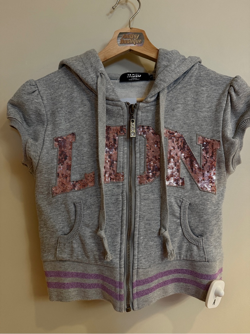 Jaded London Gray Short-Sleeve Zip Hoodie with Pink Sequin LDN